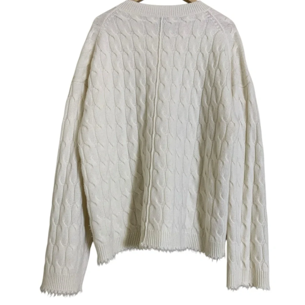 Re/Done Women's Lattice Cable V-Neck Sweater Cream 100% Cashmere Size Large - Picture 6 of 7